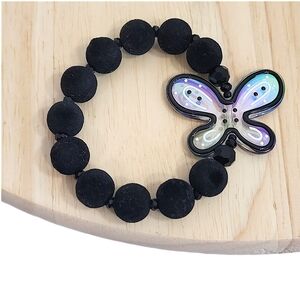 Hand Crafted Butterfly Kids Bracelet Black Irridescent Fuzzy Beads 7.5 Inches